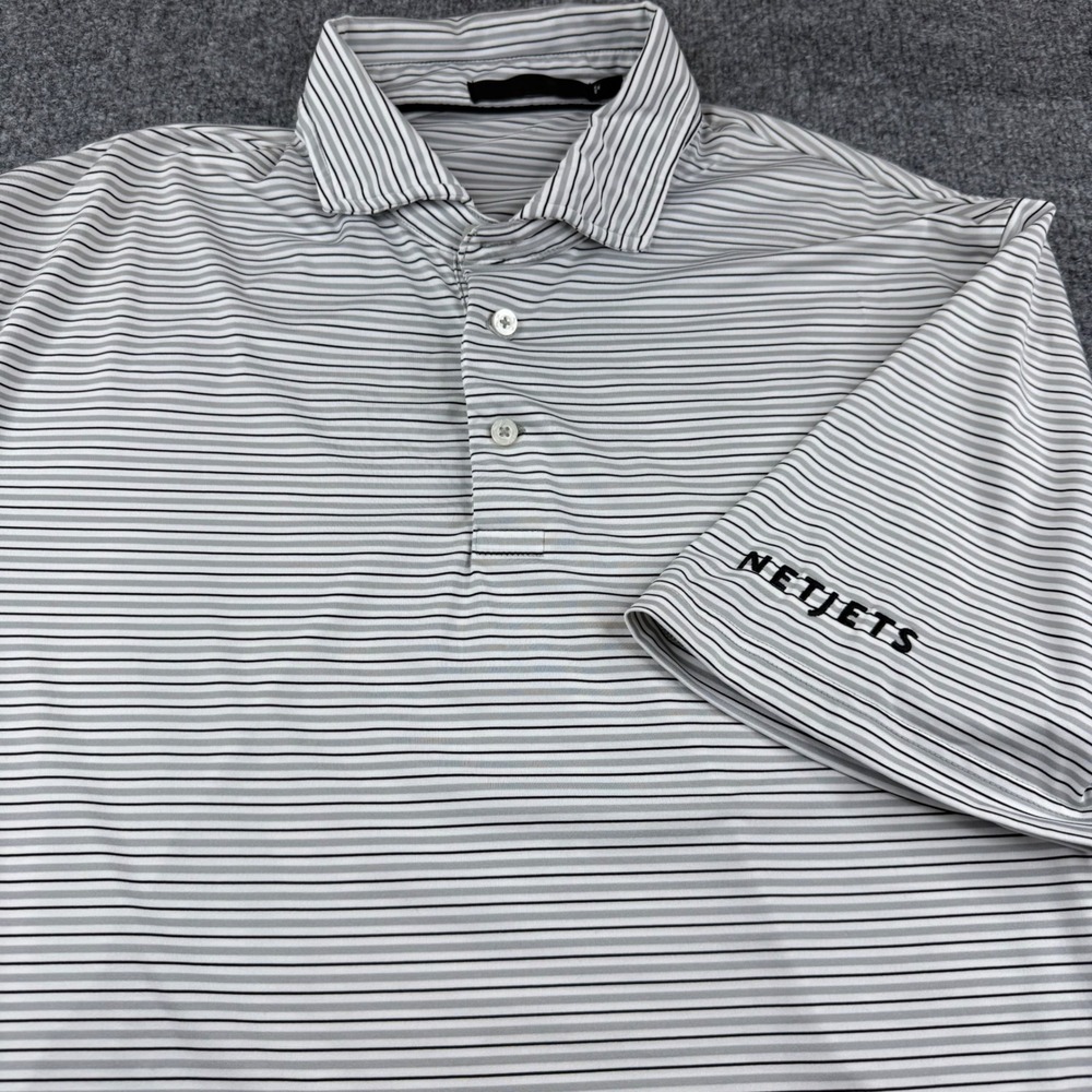 NetJets RLX Ralph Lauren Polo Shirt Mens XL White Striped Performance Golf Shirt